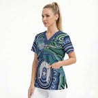 Torres Strait Islander Flag Day Personalised Scrub Top Dhari Dugongs Sea Cows Aboriginal Art