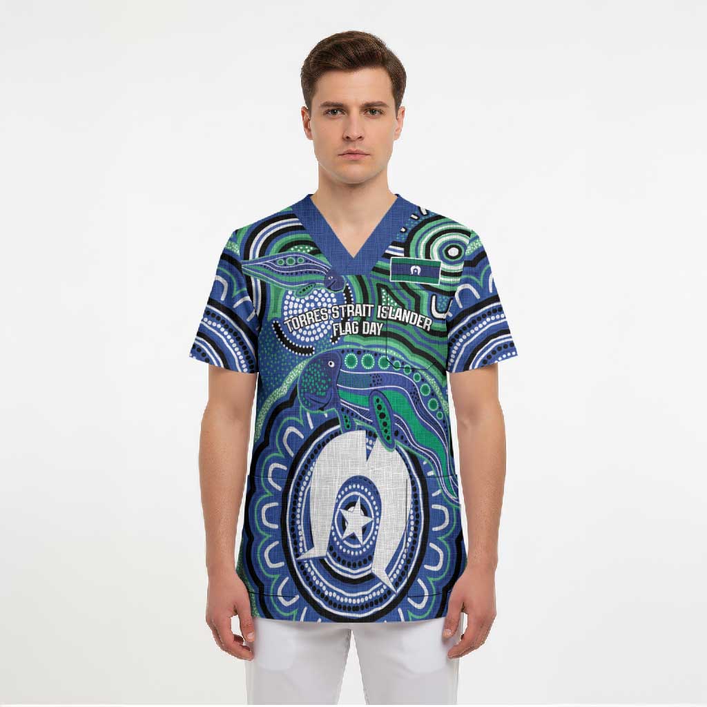 Torres Strait Islander Flag Day Personalised Scrub Top Dhari Dugongs Sea Cows Aboriginal Art