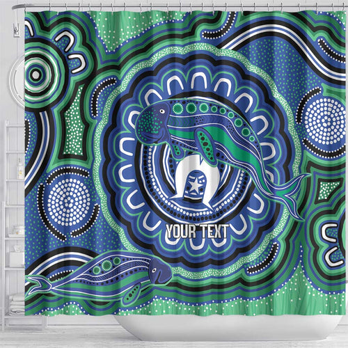 Torres Strait Islander Flag Day Personalised Shower Curtain Dhari Dugongs Sea Cows Aboriginal Art