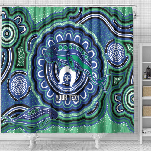 Torres Strait Islander Flag Day Personalised Shower Curtain Dhari Dugongs Sea Cows Aboriginal Art
