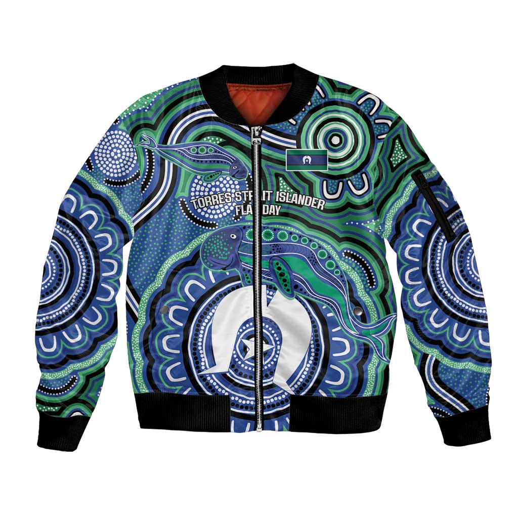 Torres Strait Islander Flag Day Personalised Sleeve Zip Bomber Jacket Dhari Dugongs Sea Cows Aboriginal Art