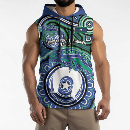 Torres Strait Islander Flag Day Personalised Sleeveless Hoodie Dhari Dugongs Sea Cows Aboriginal Art