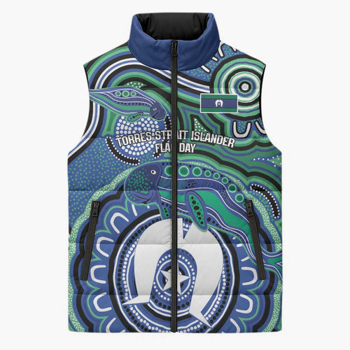Torres Strait Islander Flag Day Personalised Sleeveless Puffer Jacket Dhari Dugongs Sea Cows Aboriginal Art
