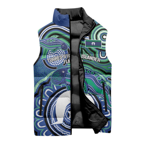 Torres Strait Islander Flag Day Personalised Sleeveless Puffer Jacket Dhari Dugongs Sea Cows Aboriginal Art