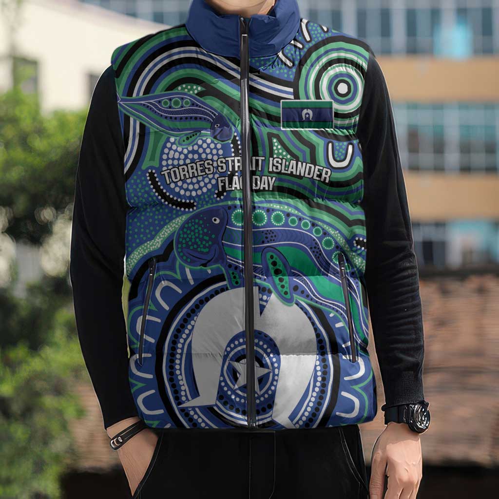 Torres Strait Islander Flag Day Personalised Sleeveless Puffer Jacket Dhari Dugongs Sea Cows Aboriginal Art