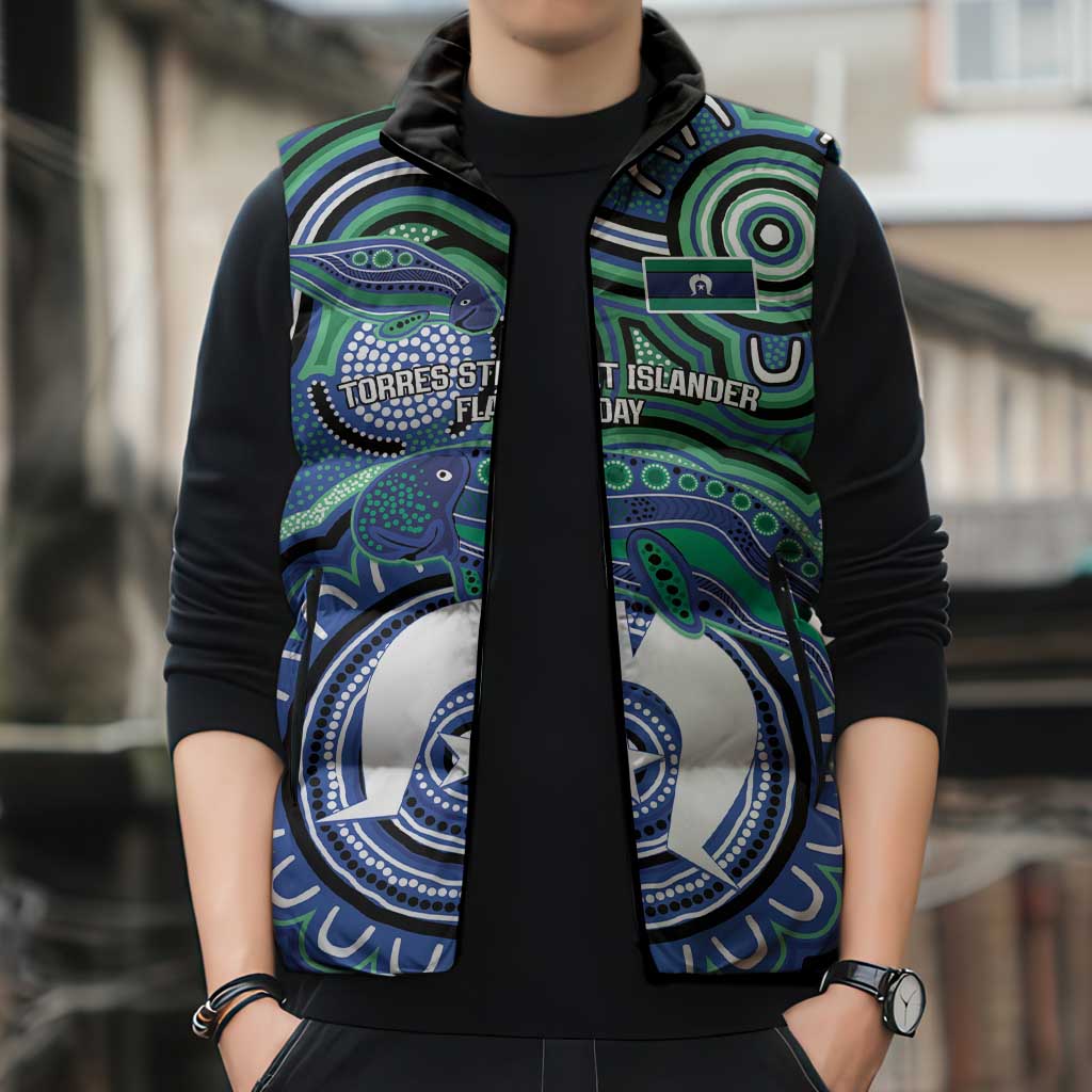 Torres Strait Islander Flag Day Personalised Sleeveless Puffer Jacket Dhari Dugongs Sea Cows Aboriginal Art