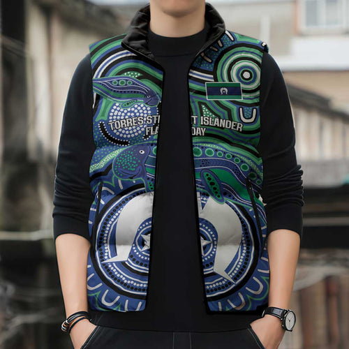 Torres Strait Islander Flag Day Personalised Sleeveless Puffer Jacket Dhari Dugongs Sea Cows Aboriginal Art