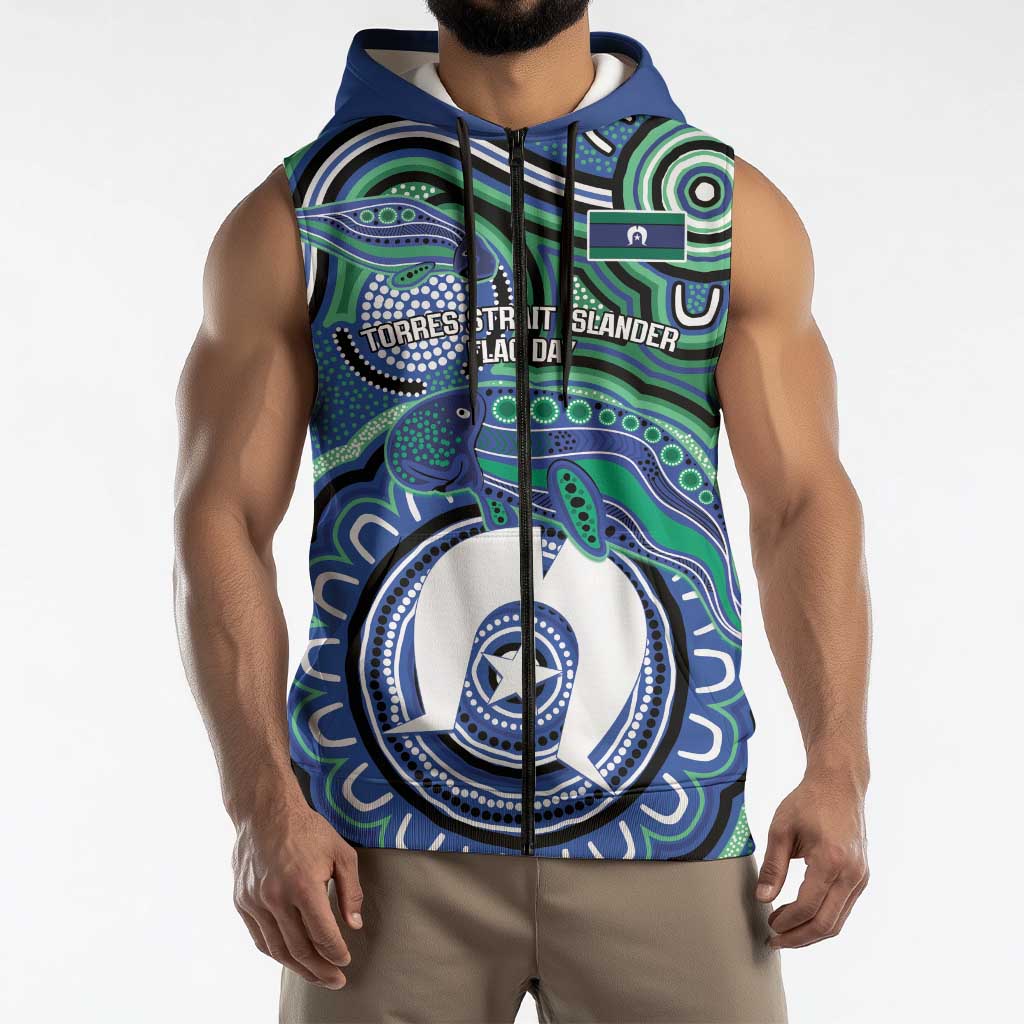 Torres Strait Islander Flag Day Personalised Sleeveless Zip Hoodie Dhari Dugongs Sea Cows Aboriginal Art