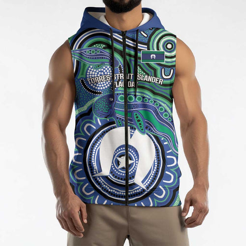 Torres Strait Islander Flag Day Personalised Sleeveless Zip Hoodie Dhari Dugongs Sea Cows Aboriginal Art