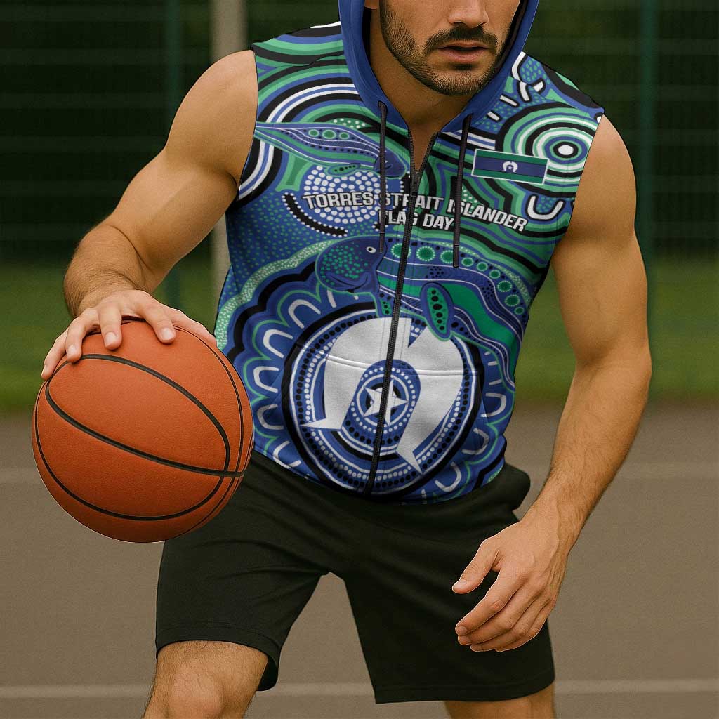 Torres Strait Islander Flag Day Personalised Sleeveless Zip Hoodie Dhari Dugongs Sea Cows Aboriginal Art
