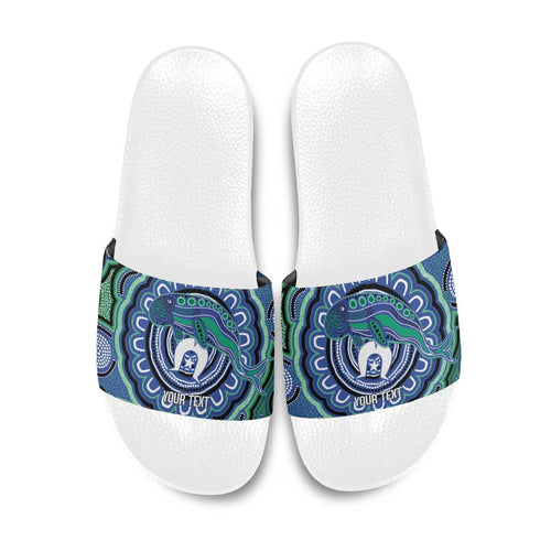 Torres Strait Islander Flag Day Personalised Slide Sandals Dhari Dugongs Sea Cows Aboriginal Art