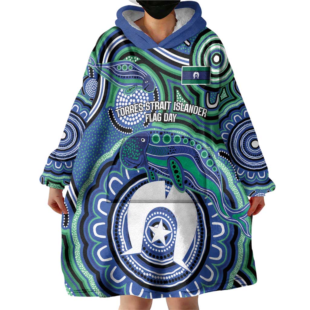 Torres Strait Islander Flag Day Personalised Wearable Blanket Hoodie Dhari Dugongs Sea Cows Aboriginal Art