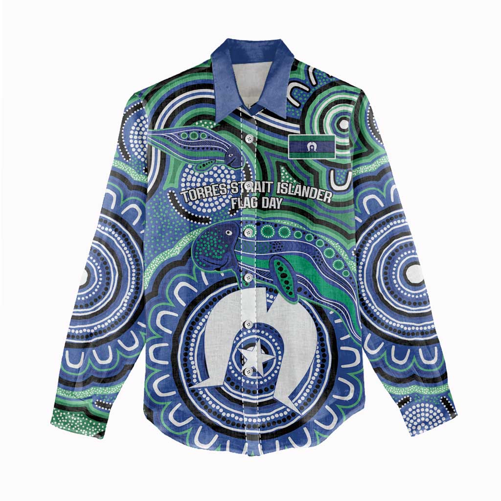 Torres Strait Islander Flag Day Personalised Women Casual Shirt Dhari Dugongs Sea Cows Aboriginal Art