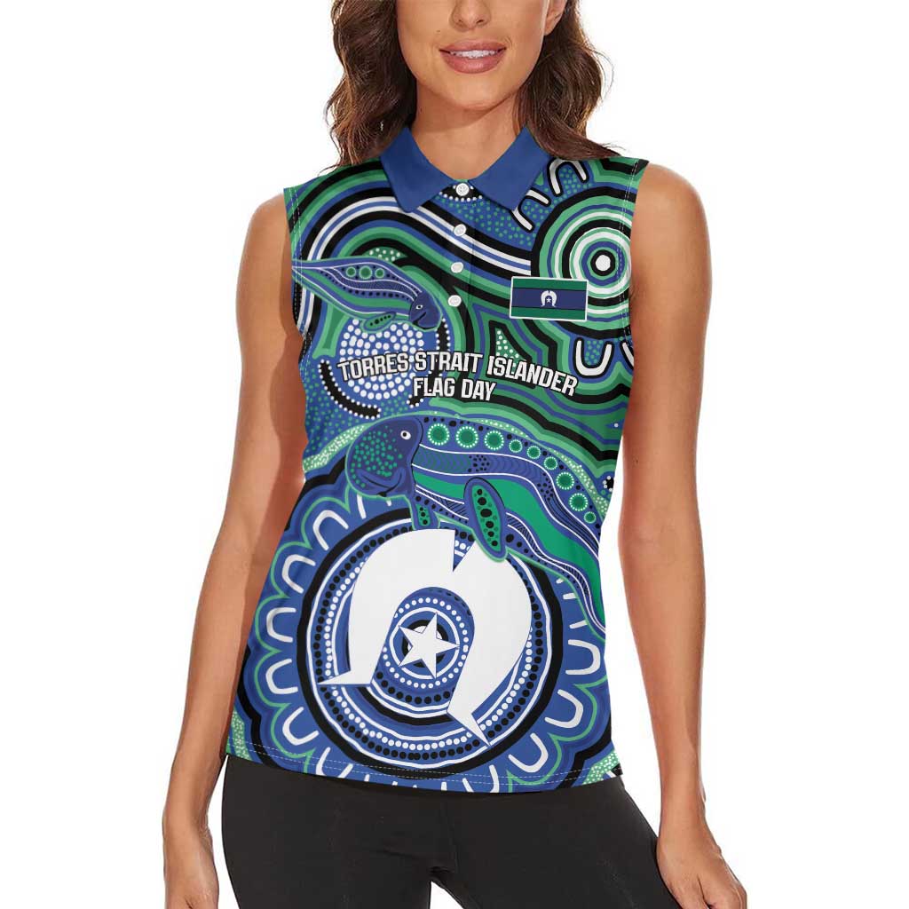 Torres Strait Islander Flag Day Personalised Women Sleeveless Polo Shirt Dhari Dugongs Sea Cows Aboriginal Art