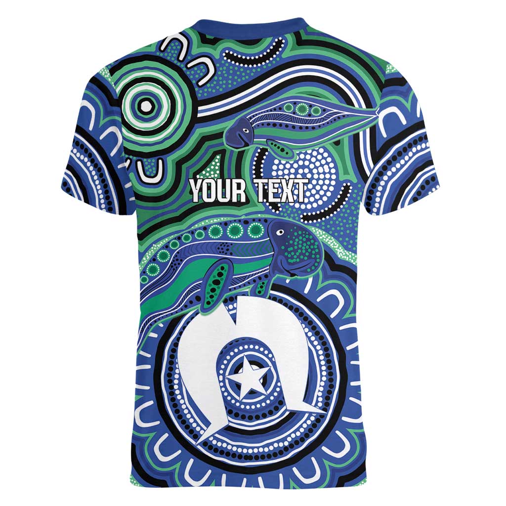 Torres Strait Islander Flag Day Personalised Women V-Neck T-Shirt Dhari Dugongs Sea Cows Aboriginal Art