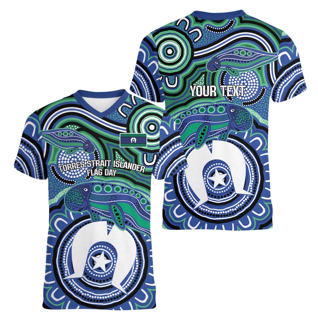 Torres Strait Islander Flag Day Personalised Women V-Neck T-Shirt Dhari Dugongs Sea Cows Aboriginal Art
