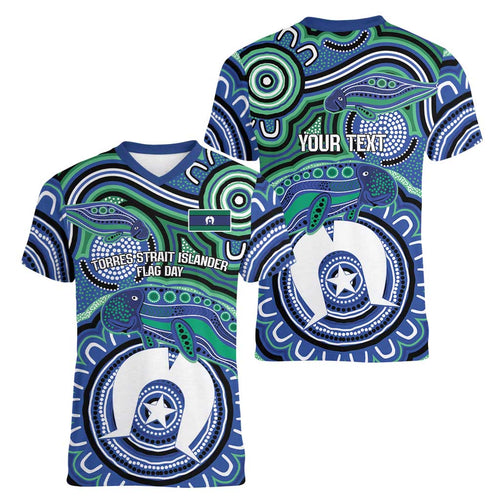 Torres Strait Islander Flag Day Personalised Women V-Neck T-Shirt Dhari Dugongs Sea Cows Aboriginal Art