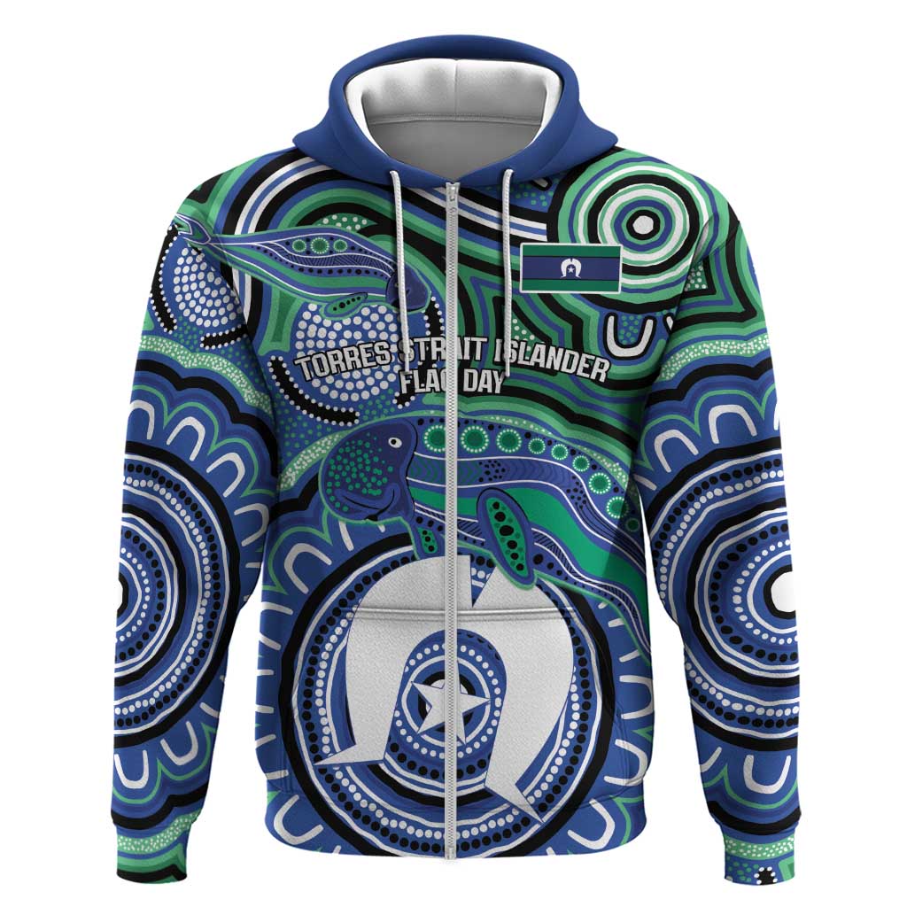 Torres Strait Islander Flag Day Personalised Zip Hoodie Dhari Dugongs Sea Cows Aboriginal Art