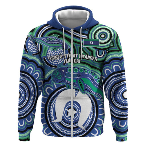 Torres Strait Islander Flag Day Personalised Zip Hoodie Dhari Dugongs Sea Cows Aboriginal Art