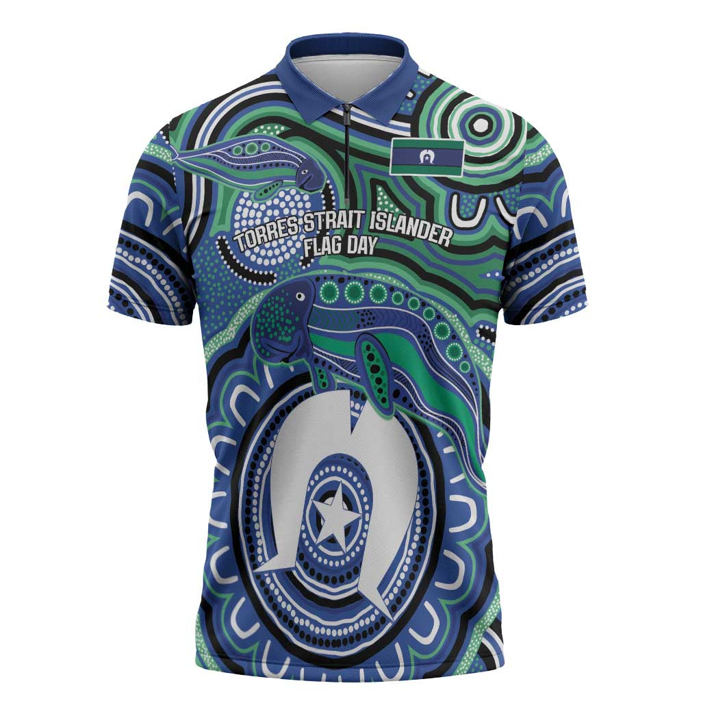 Torres Strait Islander Flag Day Personalised Zipper Polo Shirt Dhari Dugongs Sea Cows Aboriginal Art