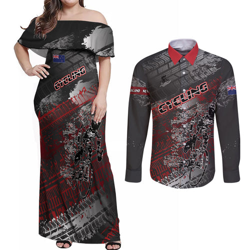 Personalised Cycling New Zealand Couples Matching Off Shoulder Maxi Dress and Long Sleeve Button Shirt Aotearoa Pride Sportswear