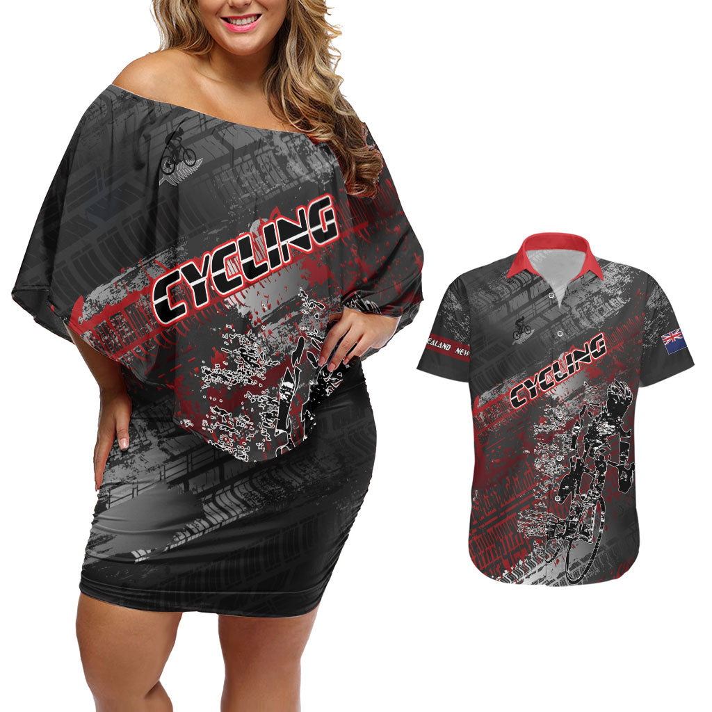 Personalised Cycling New Zealand Couples Matching Off Shoulder Short Dress and Hawaiian Shirt Aotearoa Pride Sportswear