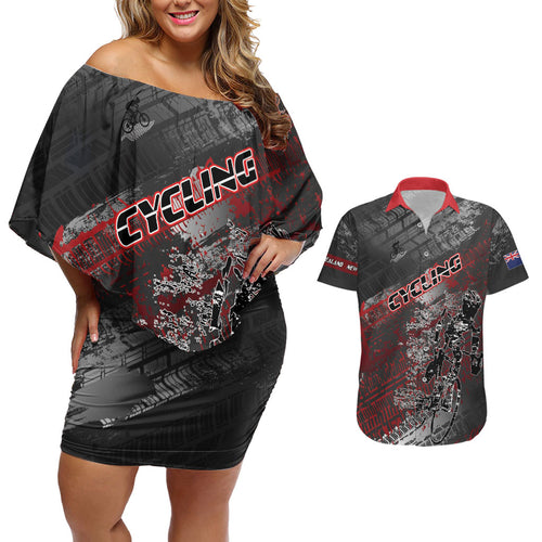 Personalised Cycling New Zealand Couples Matching Off Shoulder Short Dress and Hawaiian Shirt Aotearoa Pride Sportswear