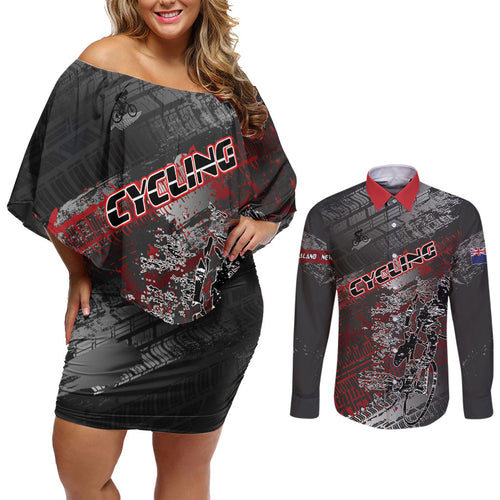 Personalised Cycling New Zealand Couples Matching Off Shoulder Short Dress and Long Sleeve Button Shirt Aotearoa Pride Sportswear