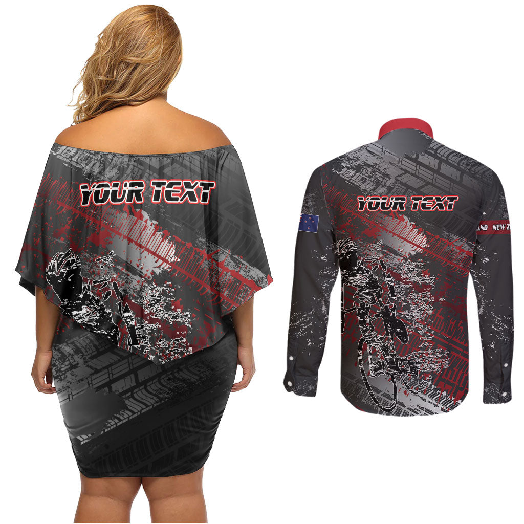 Personalised Cycling New Zealand Couples Matching Off Shoulder Short Dress and Long Sleeve Button Shirt Aotearoa Pride Sportswear