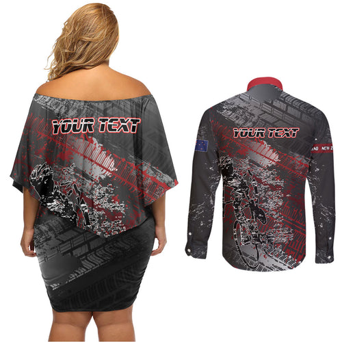Personalised Cycling New Zealand Couples Matching Off Shoulder Short Dress and Long Sleeve Button Shirt Aotearoa Pride Sportswear