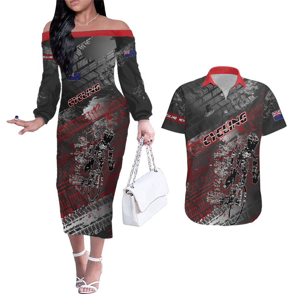 Personalised Cycling New Zealand Couples Matching Off The Shoulder Long Sleeve Dress and Hawaiian Shirt Aotearoa Pride Sportswear