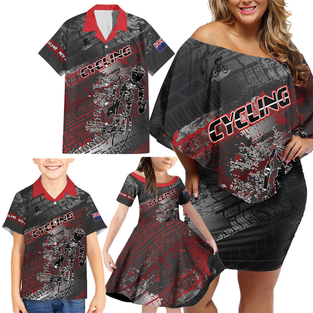 Personalised Cycling New Zealand Family Matching Off Shoulder Short Dress and Hawaiian Shirt Aotearoa Pride Sportswear