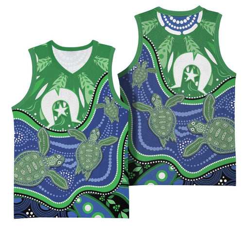 Torres Strait Islands Basketball Jersey Dhari Turtles Sea Animal Aboriginal Dot Art