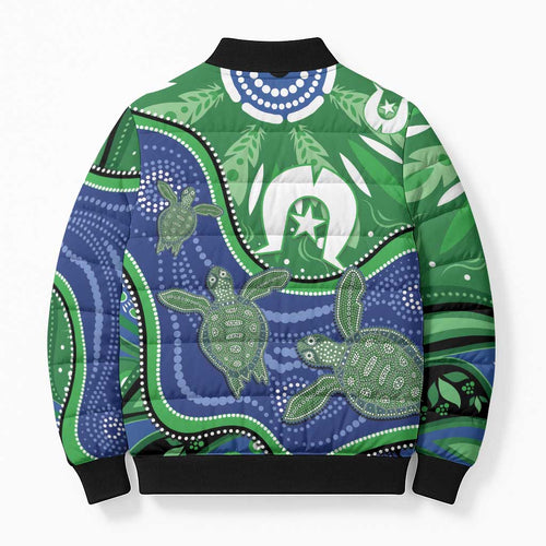 Torres Strait Islands Bomber Puffer Jacket Dhari Turtles Sea Animal Aboriginal Dot Art