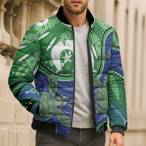 Torres Strait Islands Bomber Puffer Jacket Dhari Turtles Sea Animal Aboriginal Dot Art