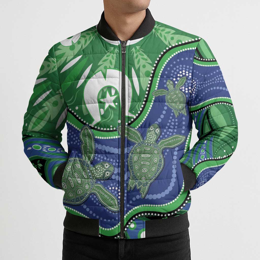 Torres Strait Islands Bomber Puffer Jacket Dhari Turtles Sea Animal Aboriginal Dot Art