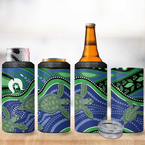 Torres Strait Islands 4 in 1 Can Cooler Tumbler Dhari Turtles Sea Animal Aboriginal Dot Art