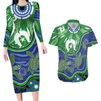 Torres Strait Islands Couples Matching Long Sleeve Bodycon Dress and Hawaiian Shirt Dhari Turtles Sea Animal Aboriginal Dot Art