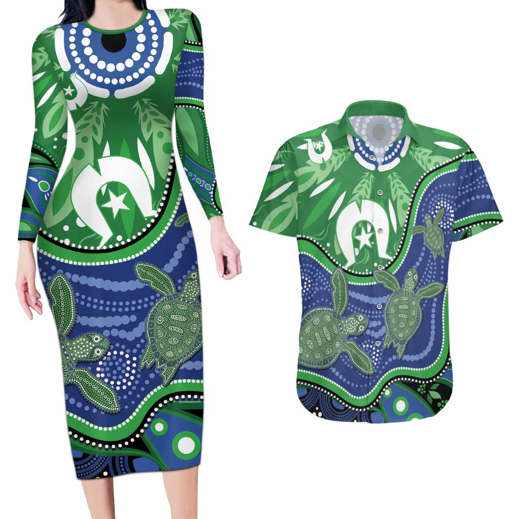Torres Strait Islands Couples Matching Long Sleeve Bodycon Dress and Hawaiian Shirt Dhari Turtles Sea Animal Aboriginal Dot Art