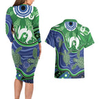 Torres Strait Islands Couples Matching Long Sleeve Bodycon Dress and Hawaiian Shirt Dhari Turtles Sea Animal Aboriginal Dot Art
