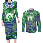 Torres Strait Islands Couples Matching Long Sleeve Bodycon Dress and Long Sleeve Button Shirt Dhari Turtles Sea Animal Aboriginal Dot Art