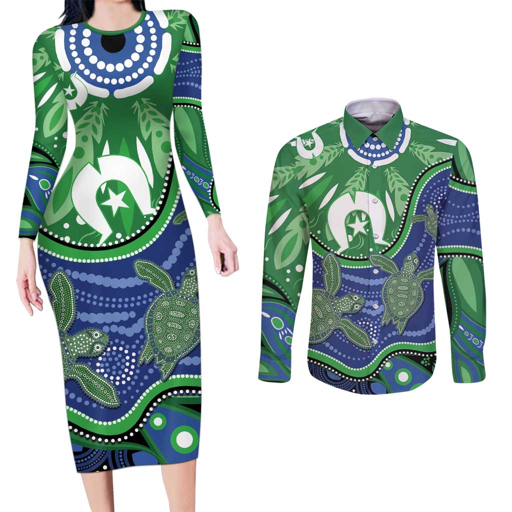 Torres Strait Islands Couples Matching Long Sleeve Bodycon Dress and Long Sleeve Button Shirt Dhari Turtles Sea Animal Aboriginal Dot Art