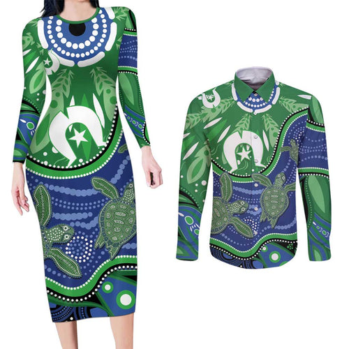 Torres Strait Islands Couples Matching Long Sleeve Bodycon Dress and Long Sleeve Button Shirt Dhari Turtles Sea Animal Aboriginal Dot Art