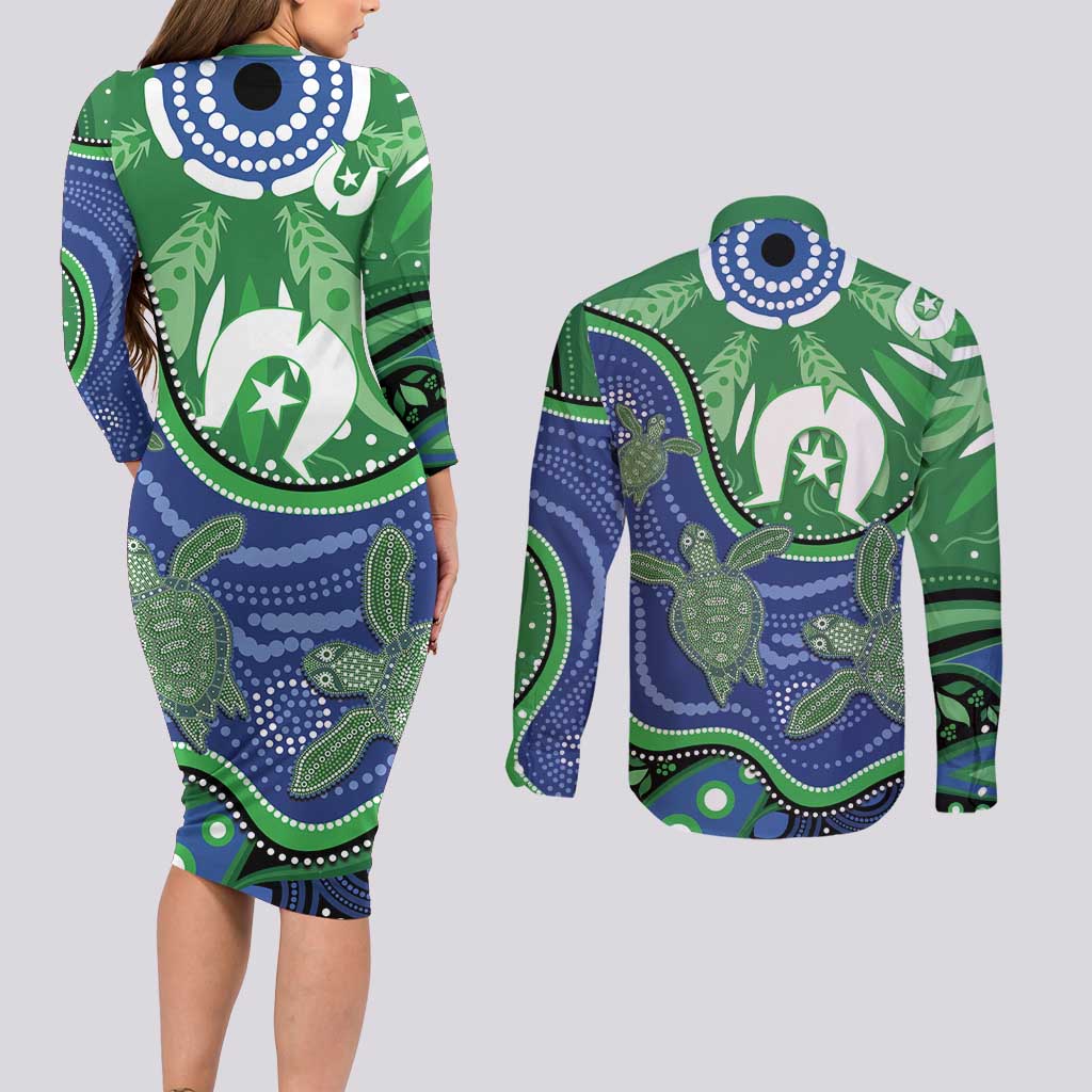 Torres Strait Islands Couples Matching Long Sleeve Bodycon Dress and Long Sleeve Button Shirt Dhari Turtles Sea Animal Aboriginal Dot Art