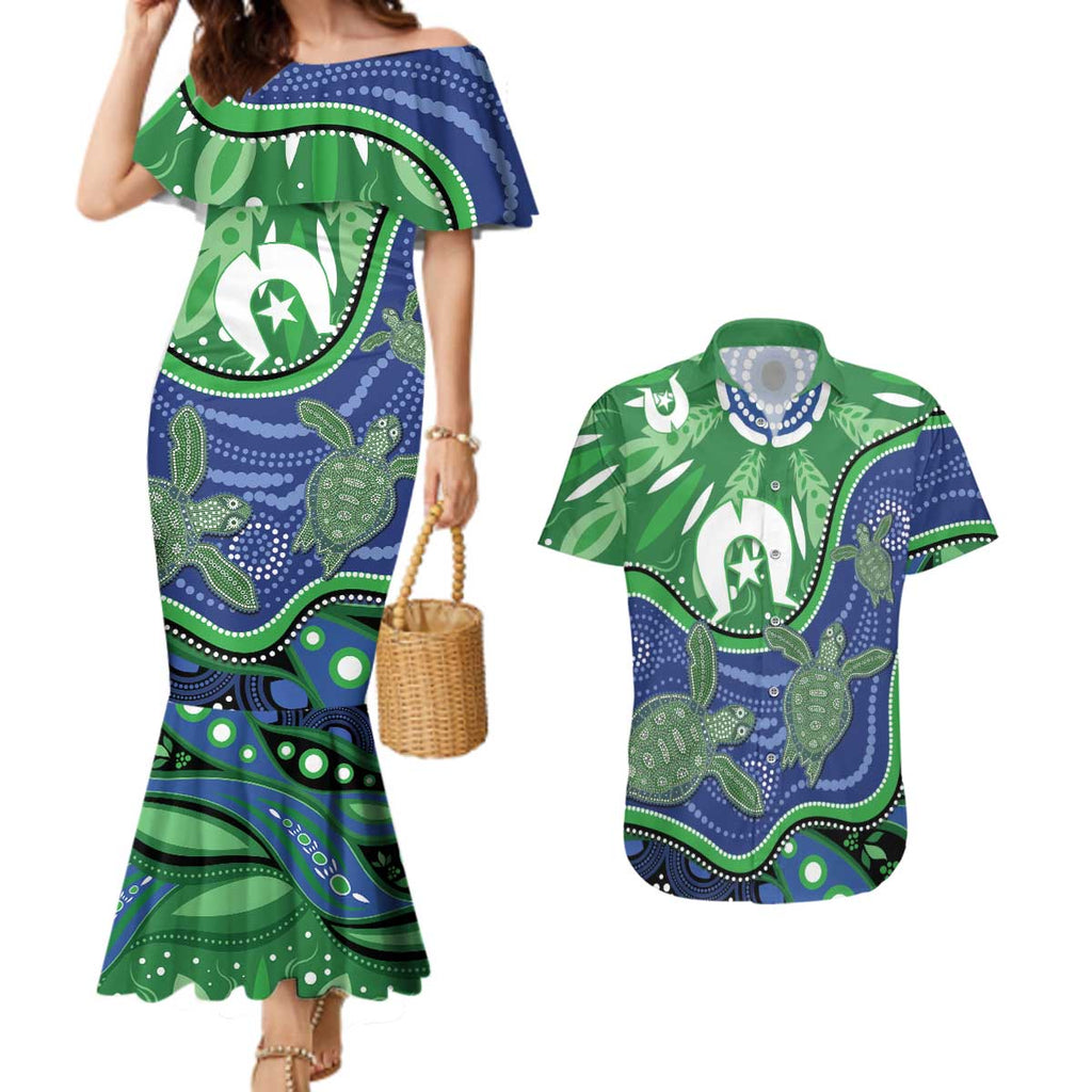 Torres Strait Islands Couples Matching Mermaid Dress and Hawaiian Shirt Dhari Turtles Sea Animal Aboriginal Dot Art