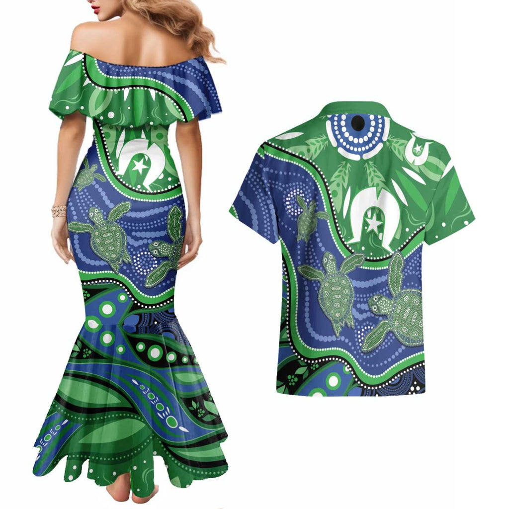 Torres Strait Islands Couples Matching Mermaid Dress and Hawaiian Shirt Dhari Turtles Sea Animal Aboriginal Dot Art