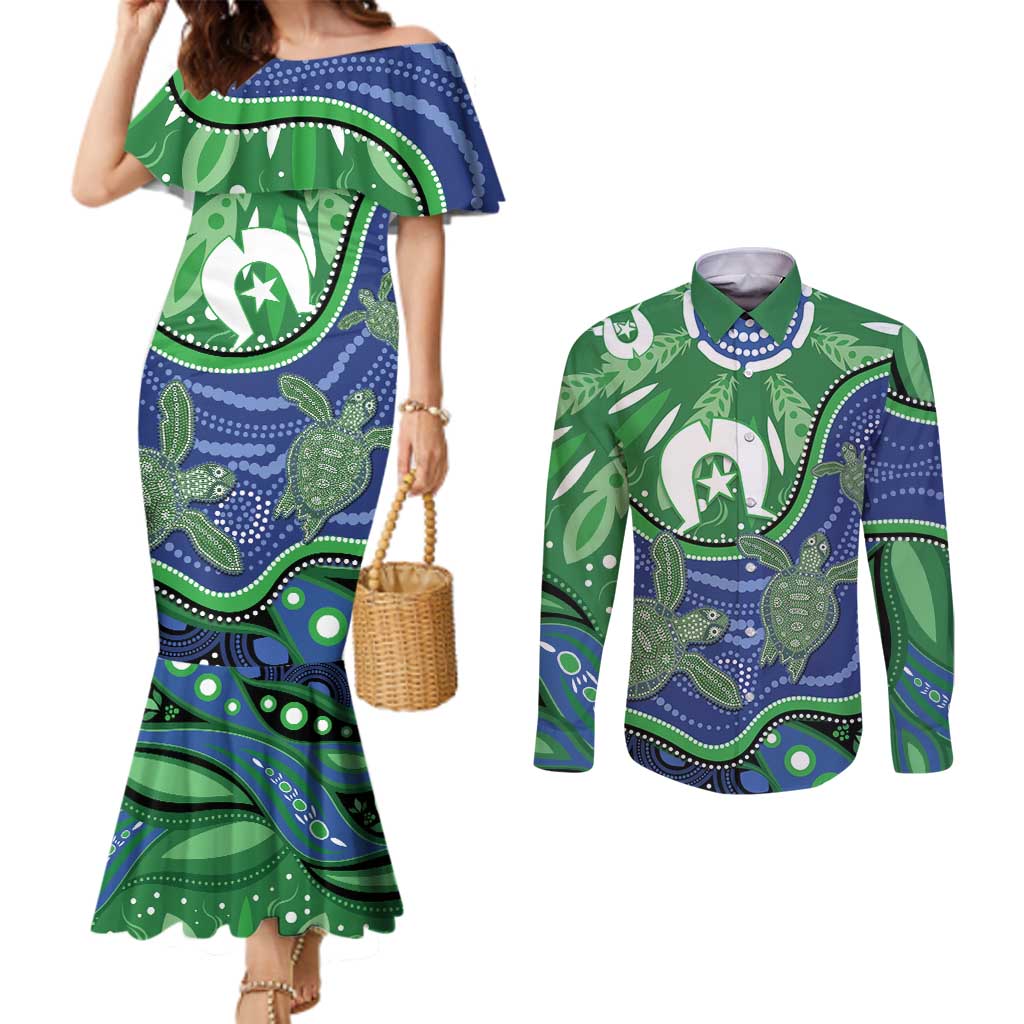 Torres Strait Islands Couples Matching Mermaid Dress and Long Sleeve Button Shirt Dhari Turtles Sea Animal Aboriginal Dot Art