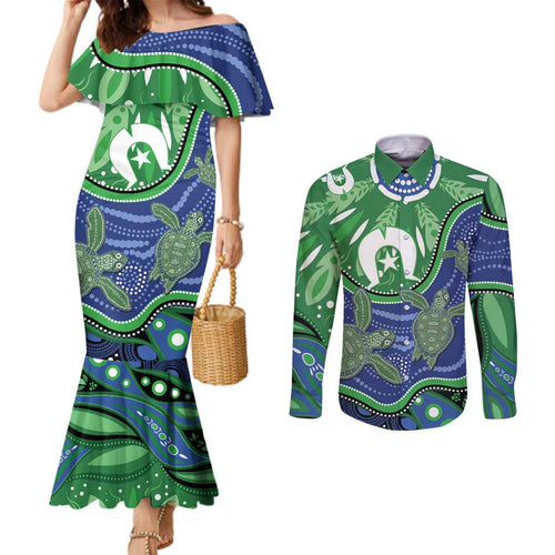 Torres Strait Islands Couples Matching Mermaid Dress and Long Sleeve Button Shirt Dhari Turtles Sea Animal Aboriginal Dot Art