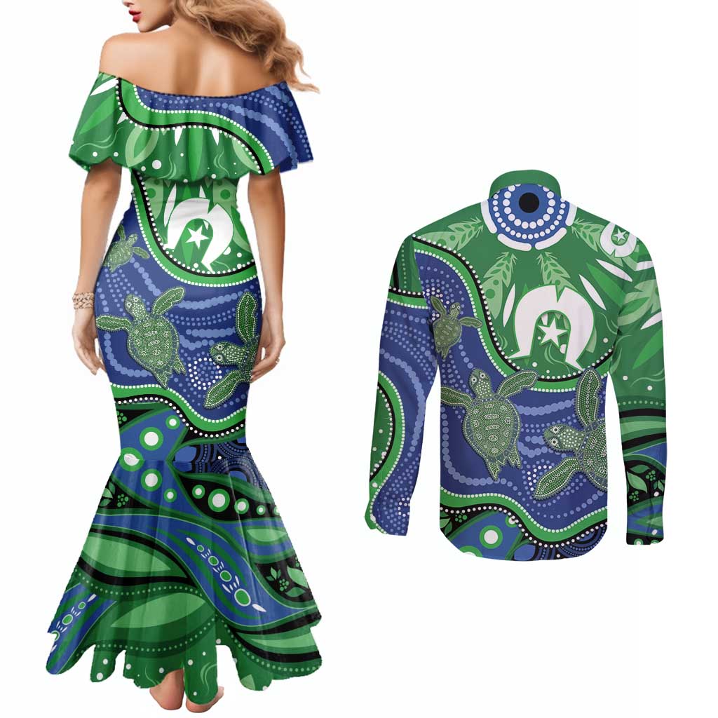 Torres Strait Islands Couples Matching Mermaid Dress and Long Sleeve Button Shirt Dhari Turtles Sea Animal Aboriginal Dot Art