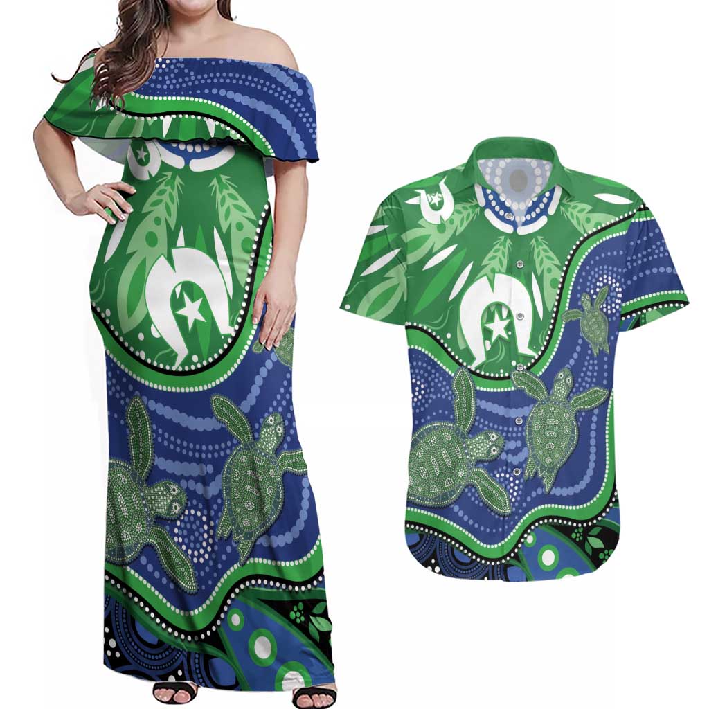 Torres Strait Islands Couples Matching Off Shoulder Maxi Dress and Hawaiian Shirt Dhari Turtles Sea Animal Aboriginal Dot Art